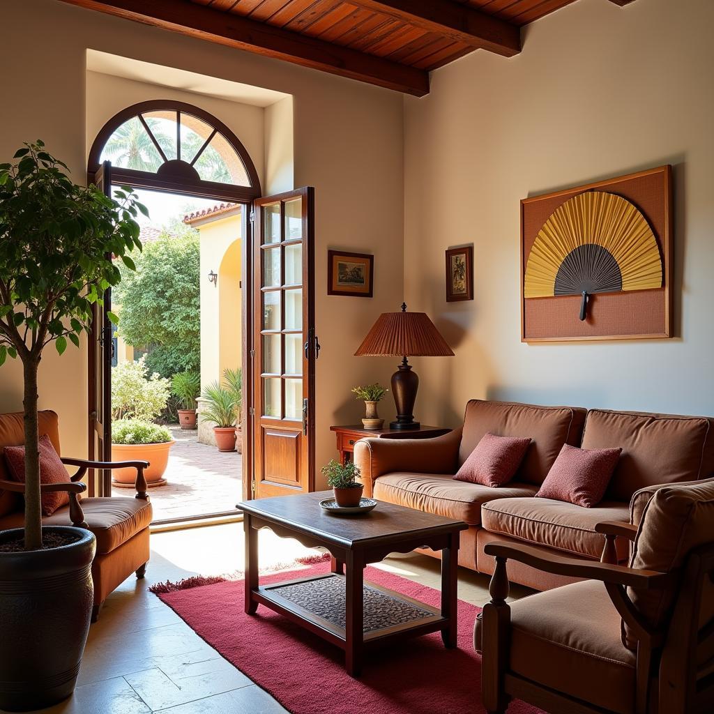 A Spanish homestay living room with Asian decorative elements.