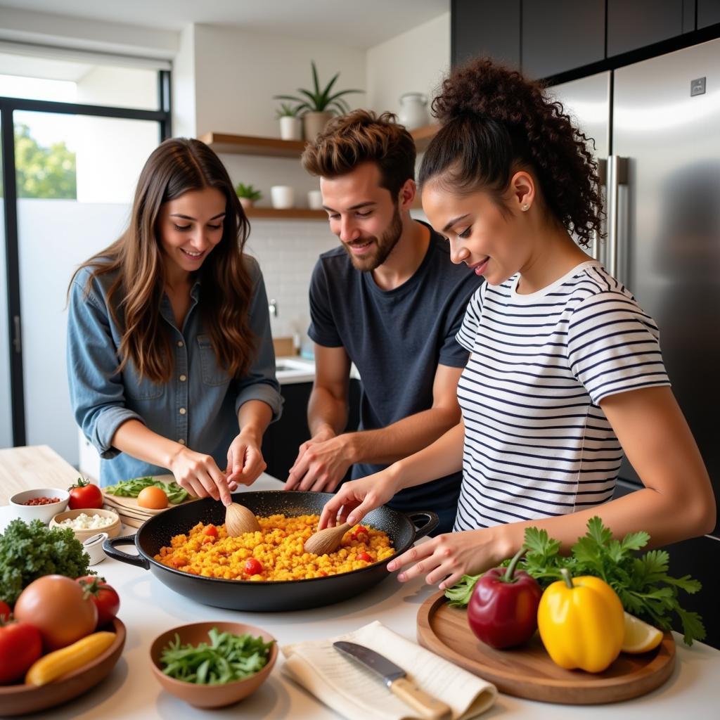 Students cooking Spanish paella in a Perth homestay kitchen