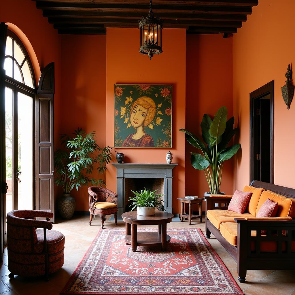 Interior of a Spanish-inspired Da Lat homestay showcasing vibrant colors, comfortable furnishings, and local artwork.