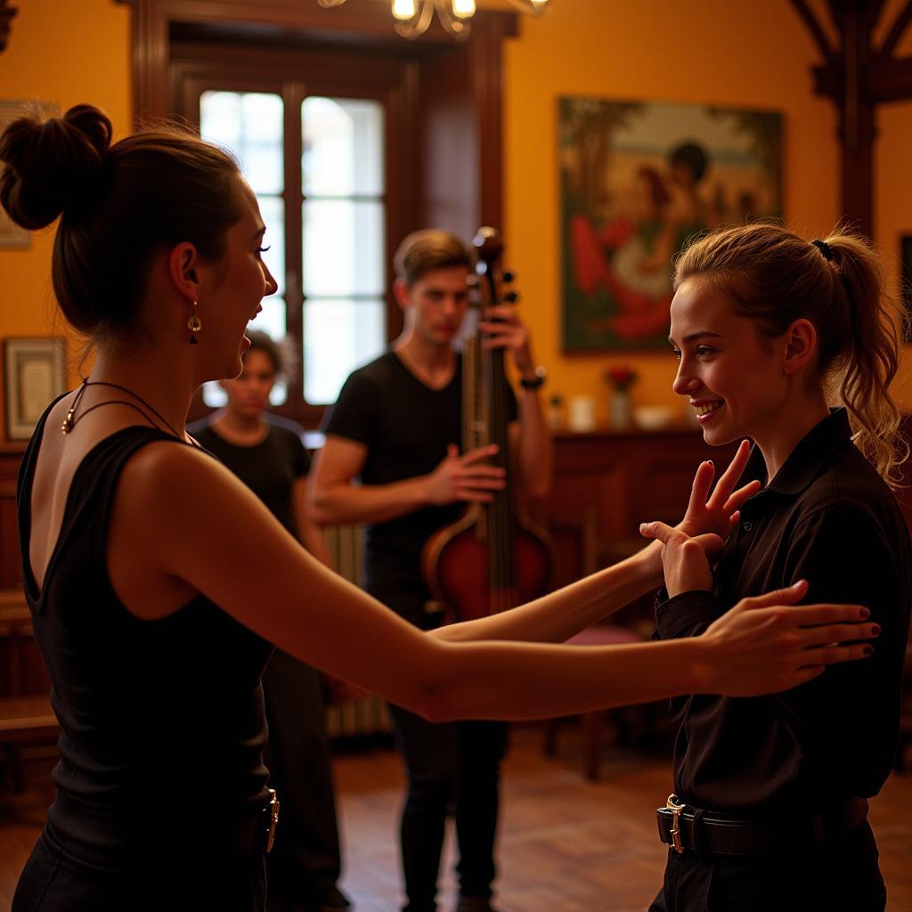 A high school student learning flamenco dance from a local instructor during their cultural homestay in Spain.