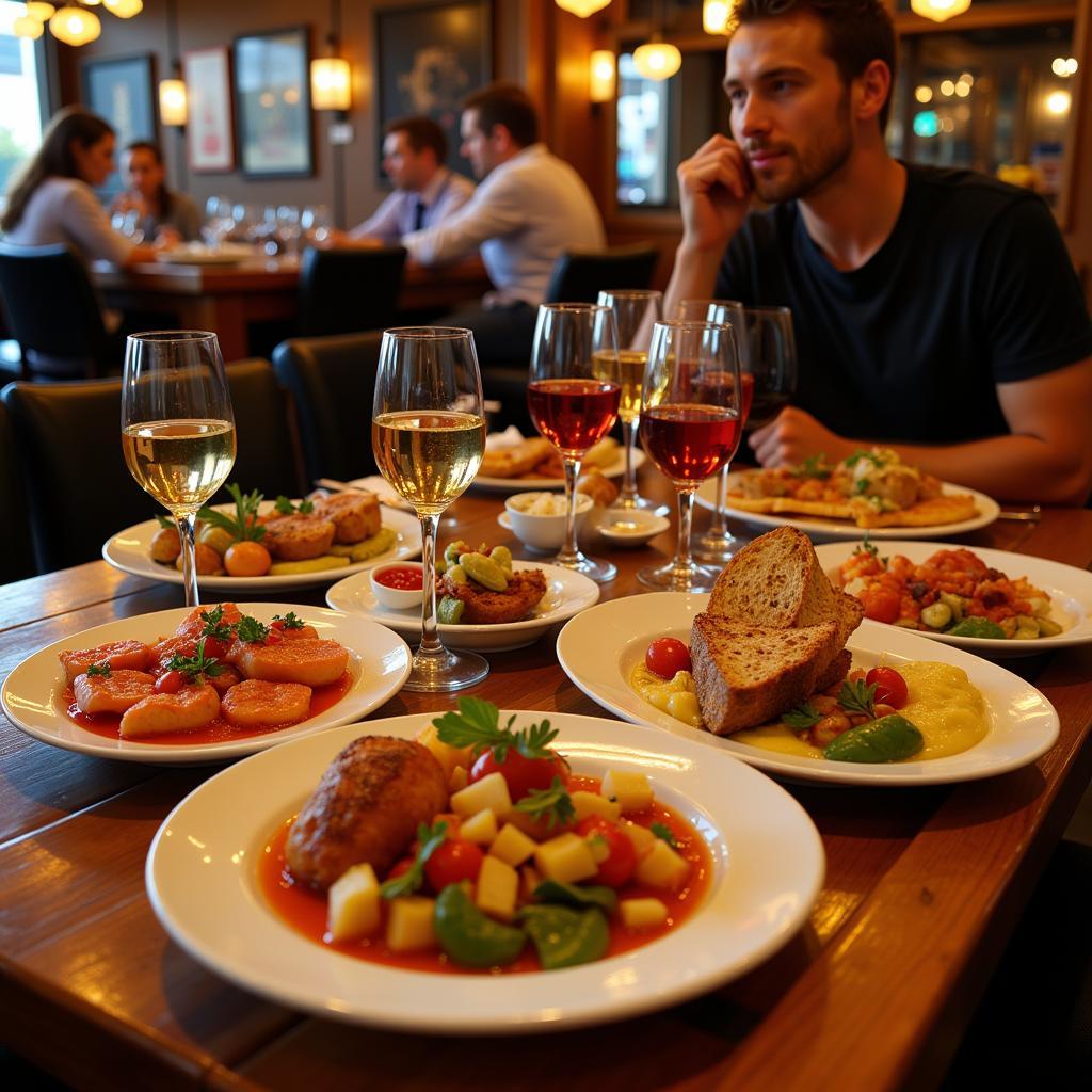 Enjoying Spanish tapas and wine in a local bar.