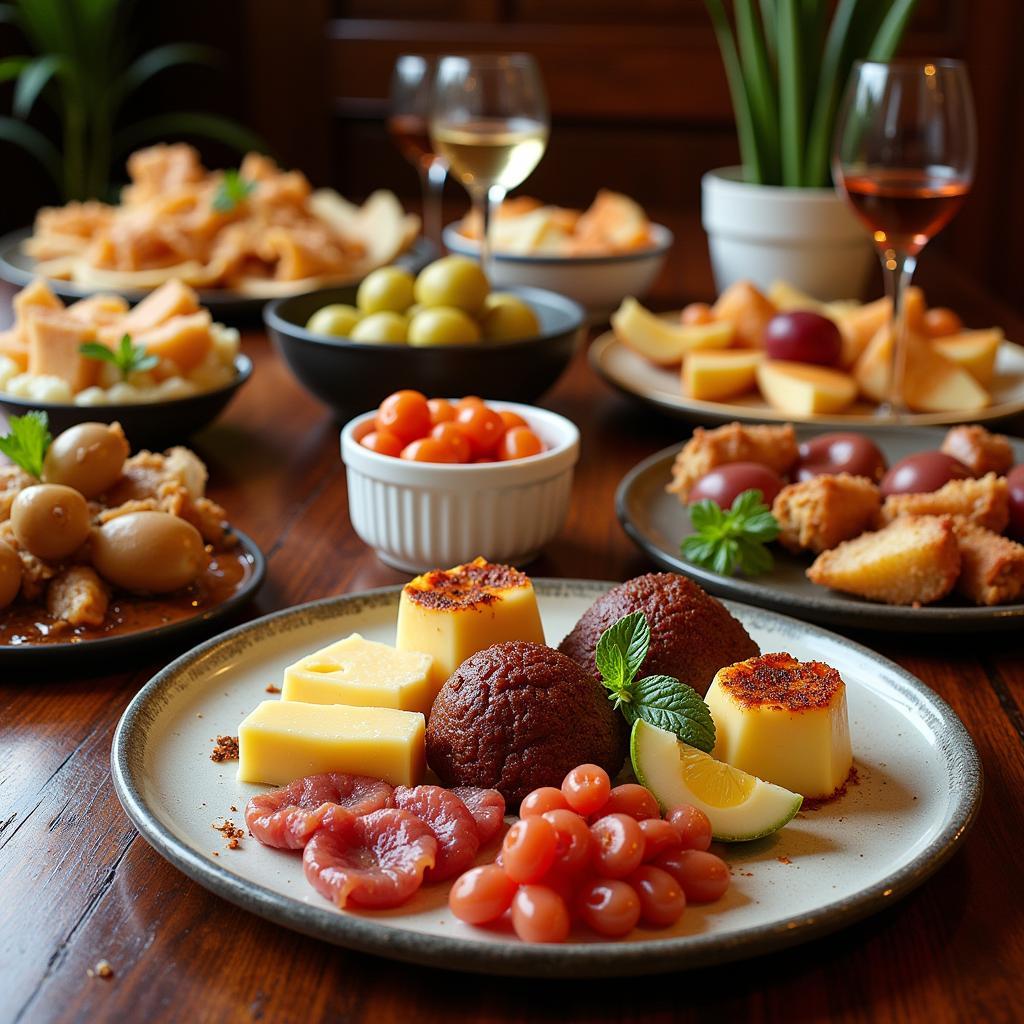 A table filled with a variety of colorful and delicious Spanish tapas.