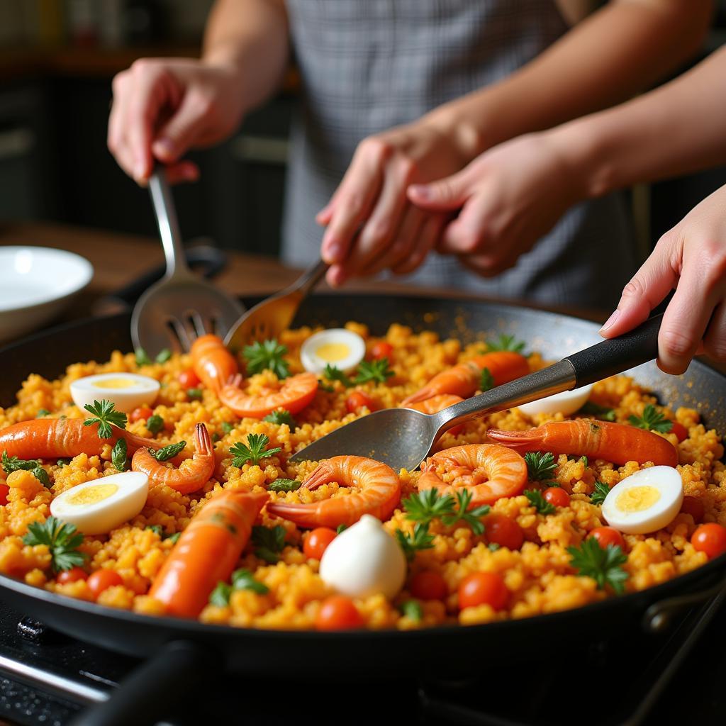 Learning to cook paella in a Sri Aman homestay