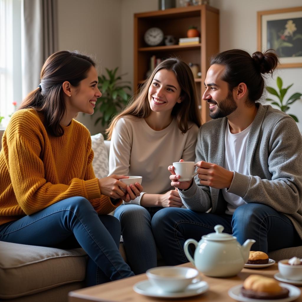 Student and host family enjoying a cup of tea together in the living room.