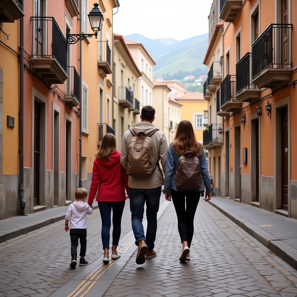 Student exploring Spanish city with host family