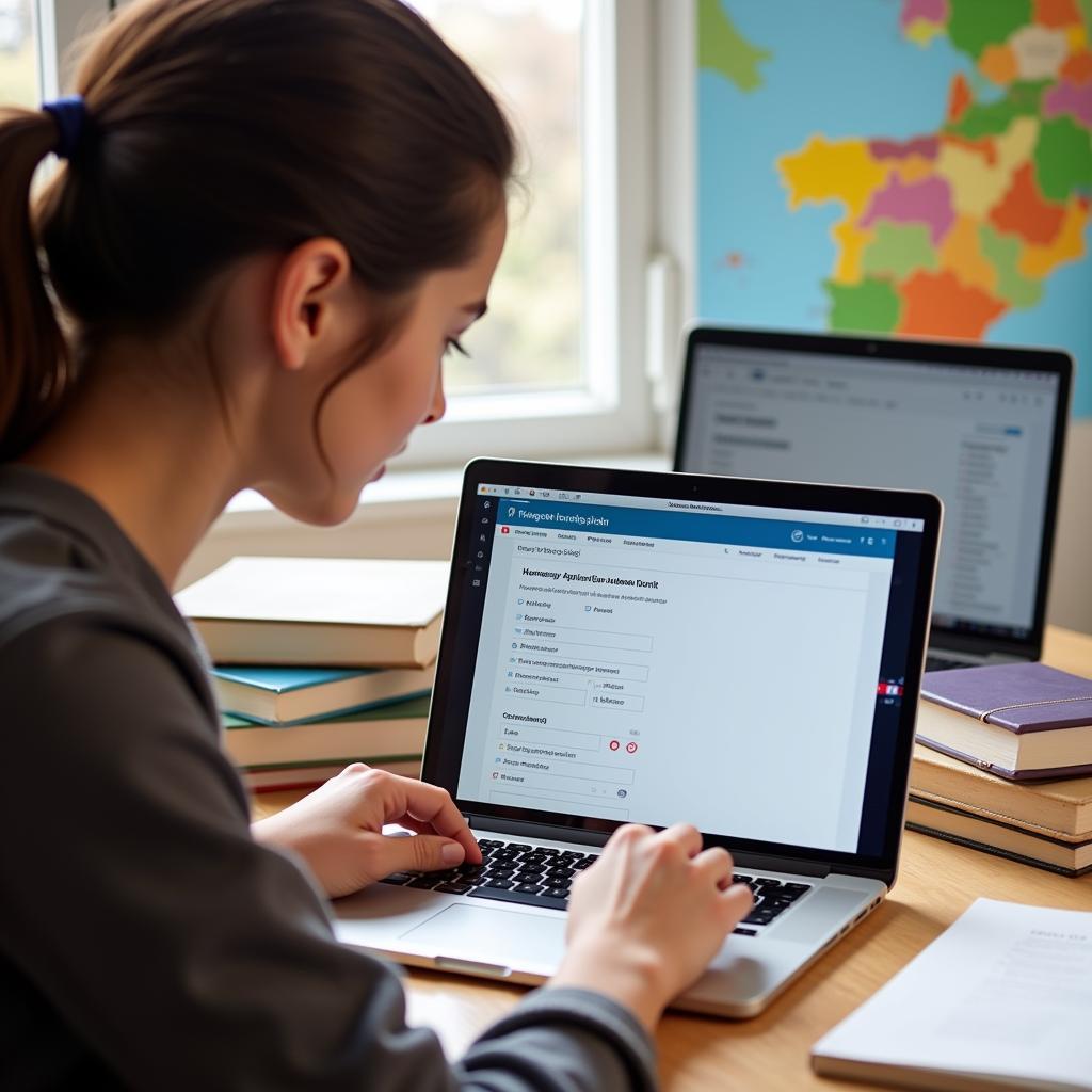 Student diligently completing a homestay application form