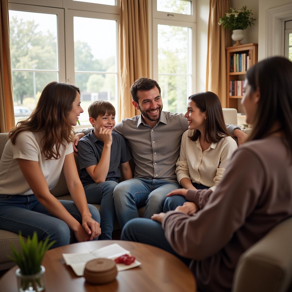 A student engaging in conversation with their host family in the living room.