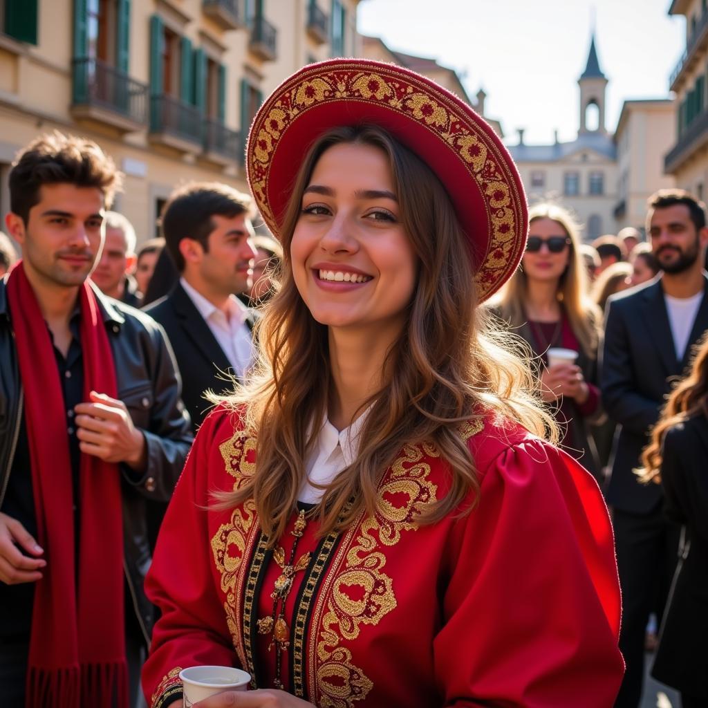 International student participating in a vibrant Spanish festival with their host family.