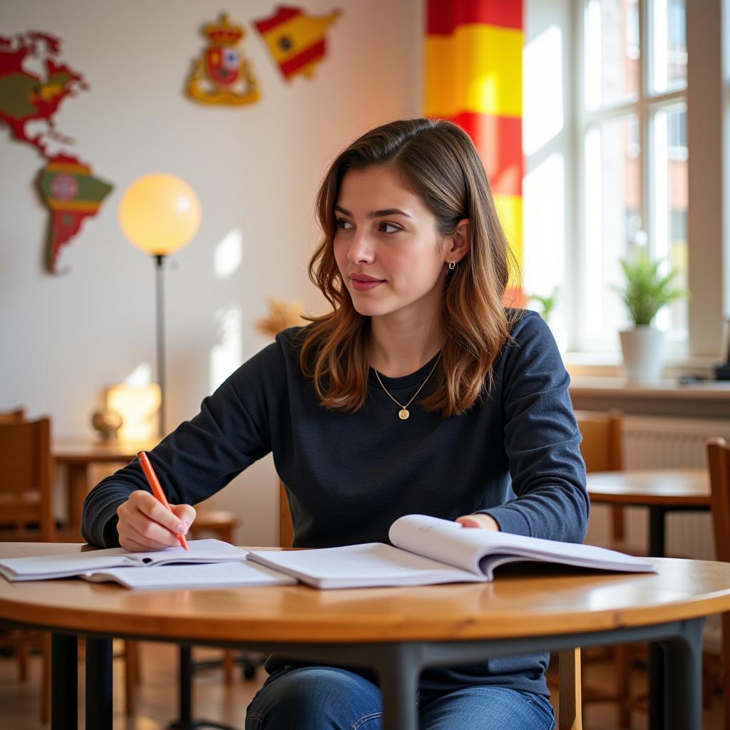 A Griffith University student studying in their Spanish homestay room