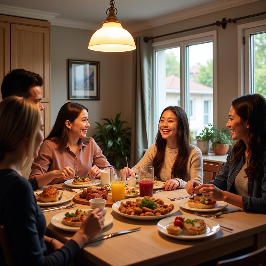 A warm and inviting scene of a host family and their homestay guest enjoying dinner together in their dining room.