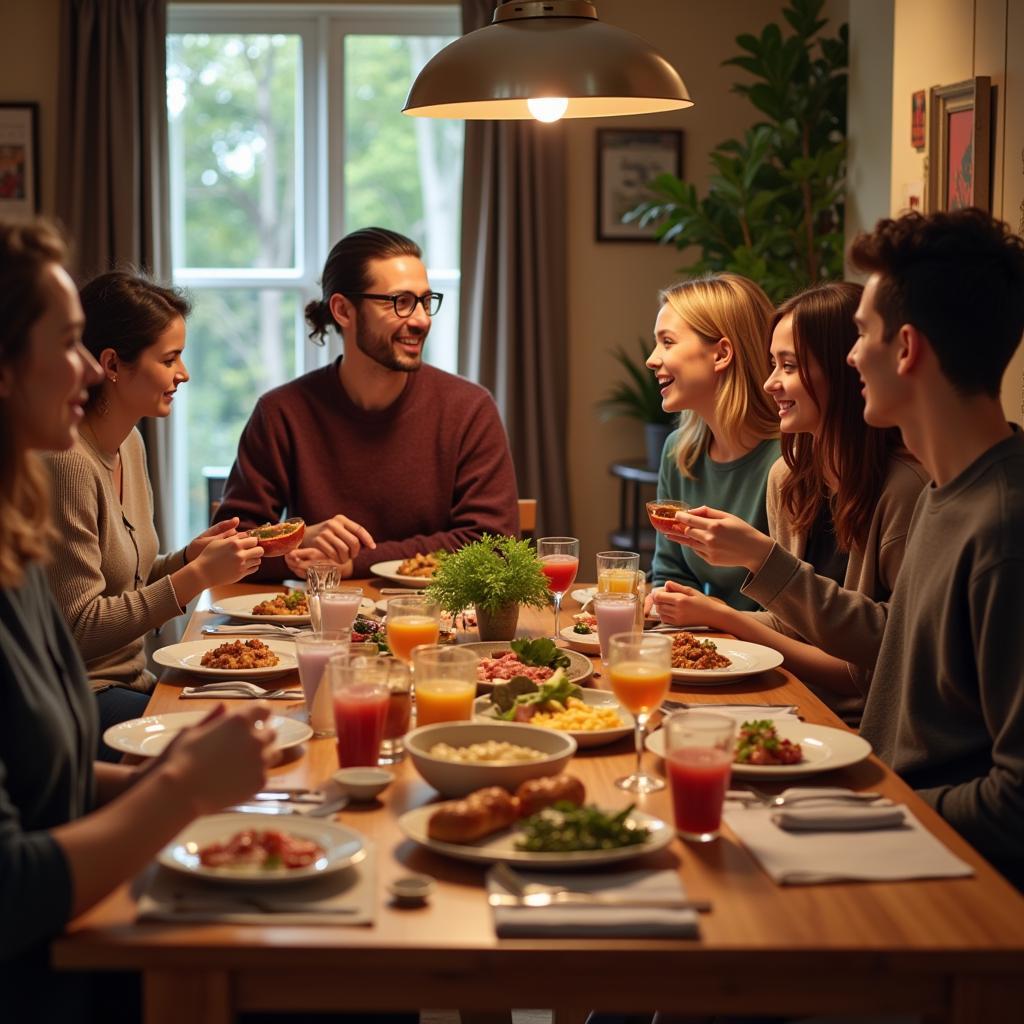 A warm and inviting scene of an international student having dinner with their homestay family in Sydney