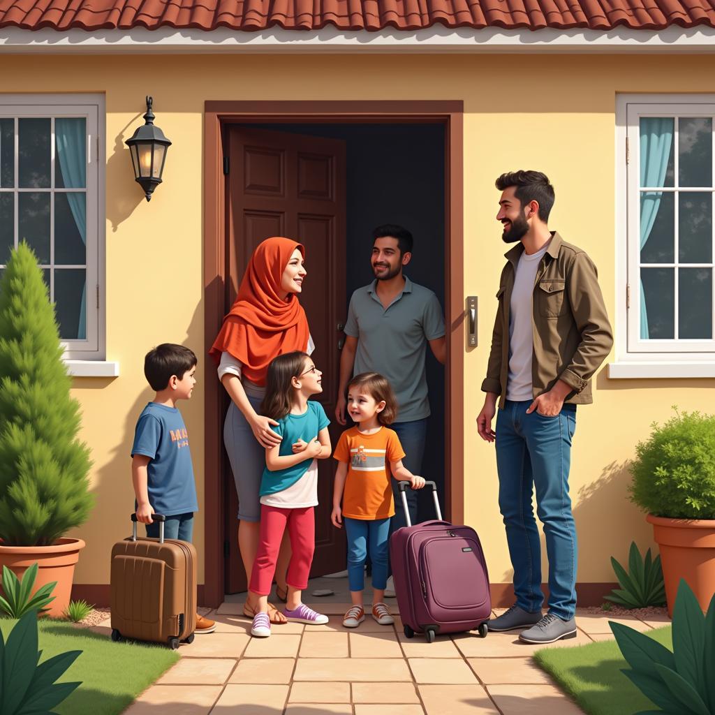 Syrian refugee family arriving at their homestay, greeted by a welcoming host family.