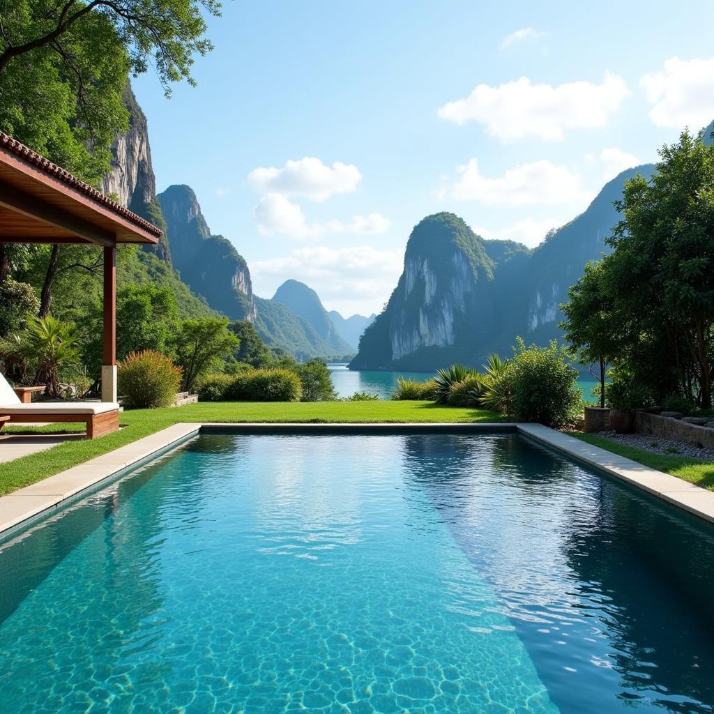 Tam Coc homestay with a pool overlooking the limestone karsts