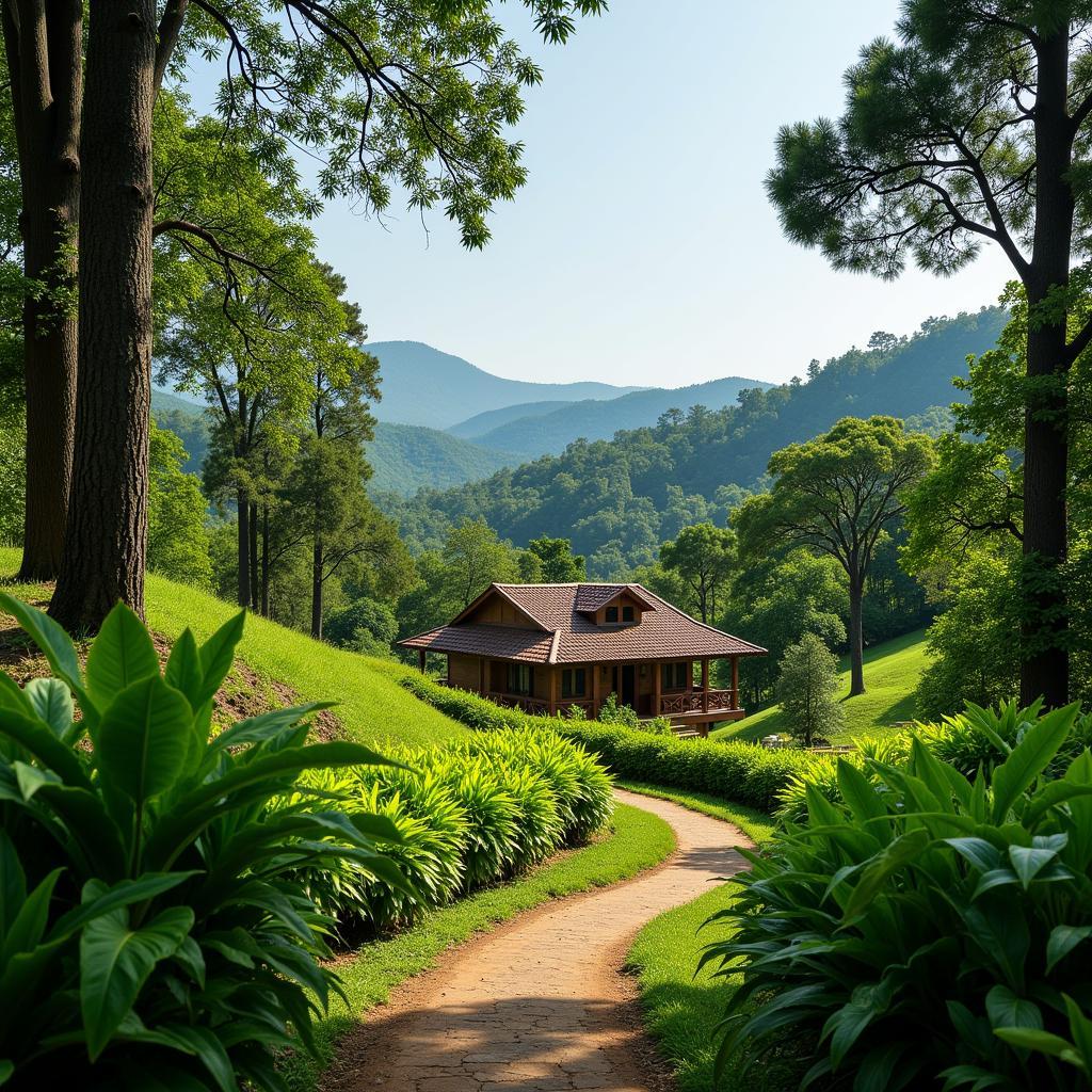 Scenic view of a forest homestay nestled in the lush greenery of Tamil Nadu