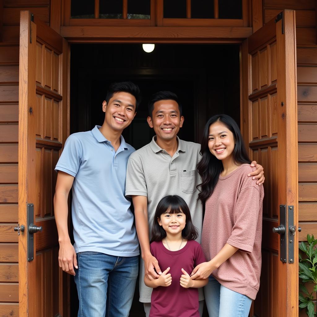 Welcoming family greeting guests at their Teluk Batik homestay