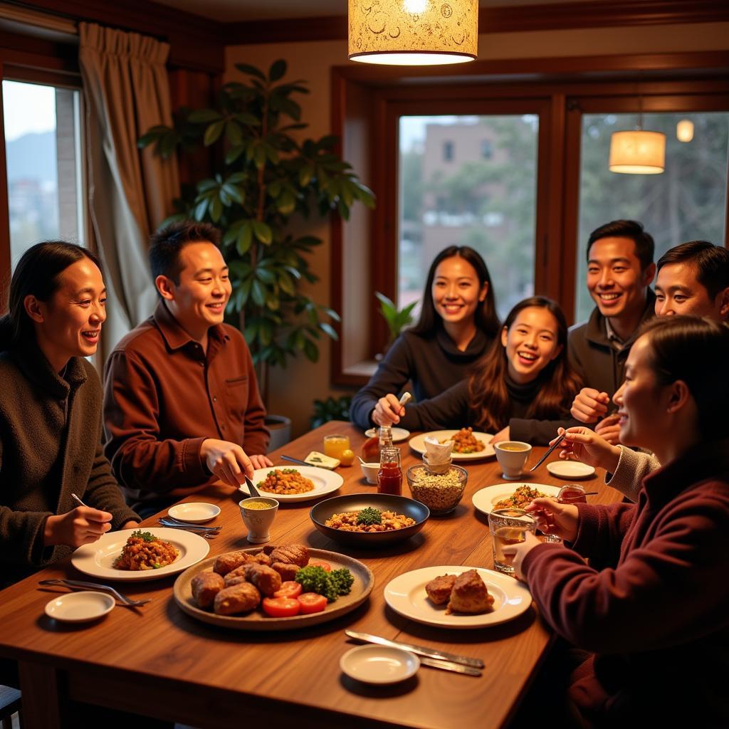 A Tibetan family sharing a meal with guests at their homestay in Darjeeling.