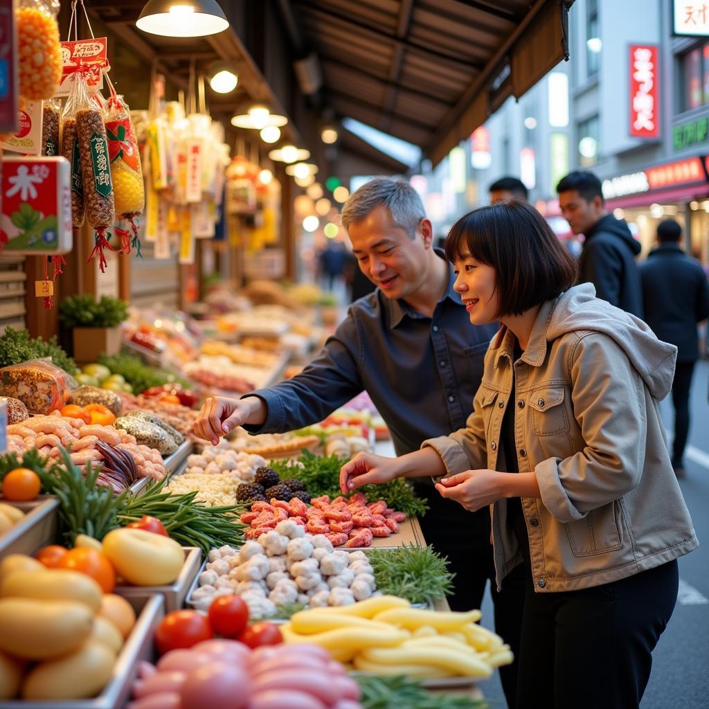 Host family and guest exploring a vibrant local market in Tokyo