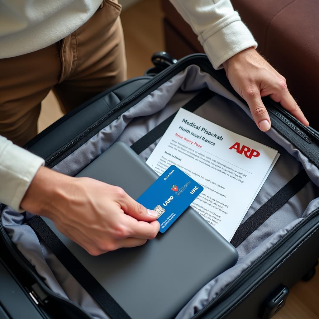 Traveler packing essential AARP UHC health insurance documents for their upcoming Spain trip.