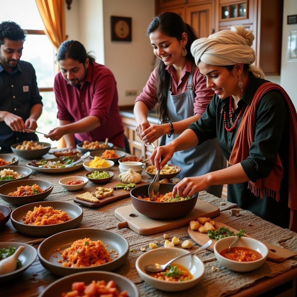 Guests participating in a Rajasthani cooking class in a Udaipur homestay