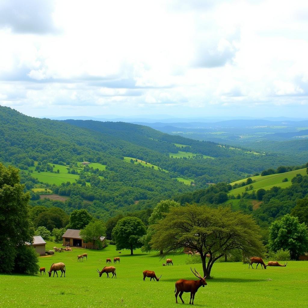 Beautiful scenery surrounding a Ugandan homestay village, with rolling hills and lush vegetation.