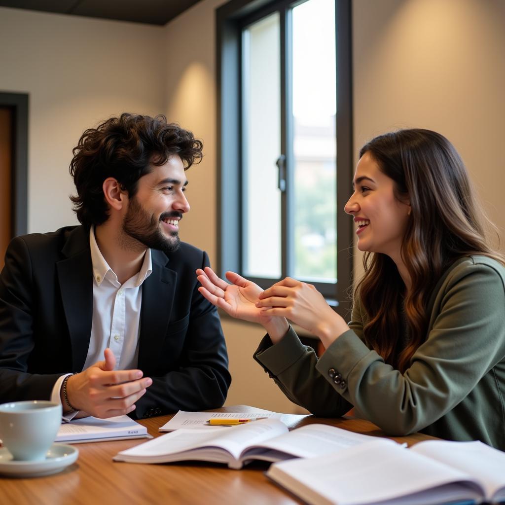 A university student engaging in conversation with their Spanish host