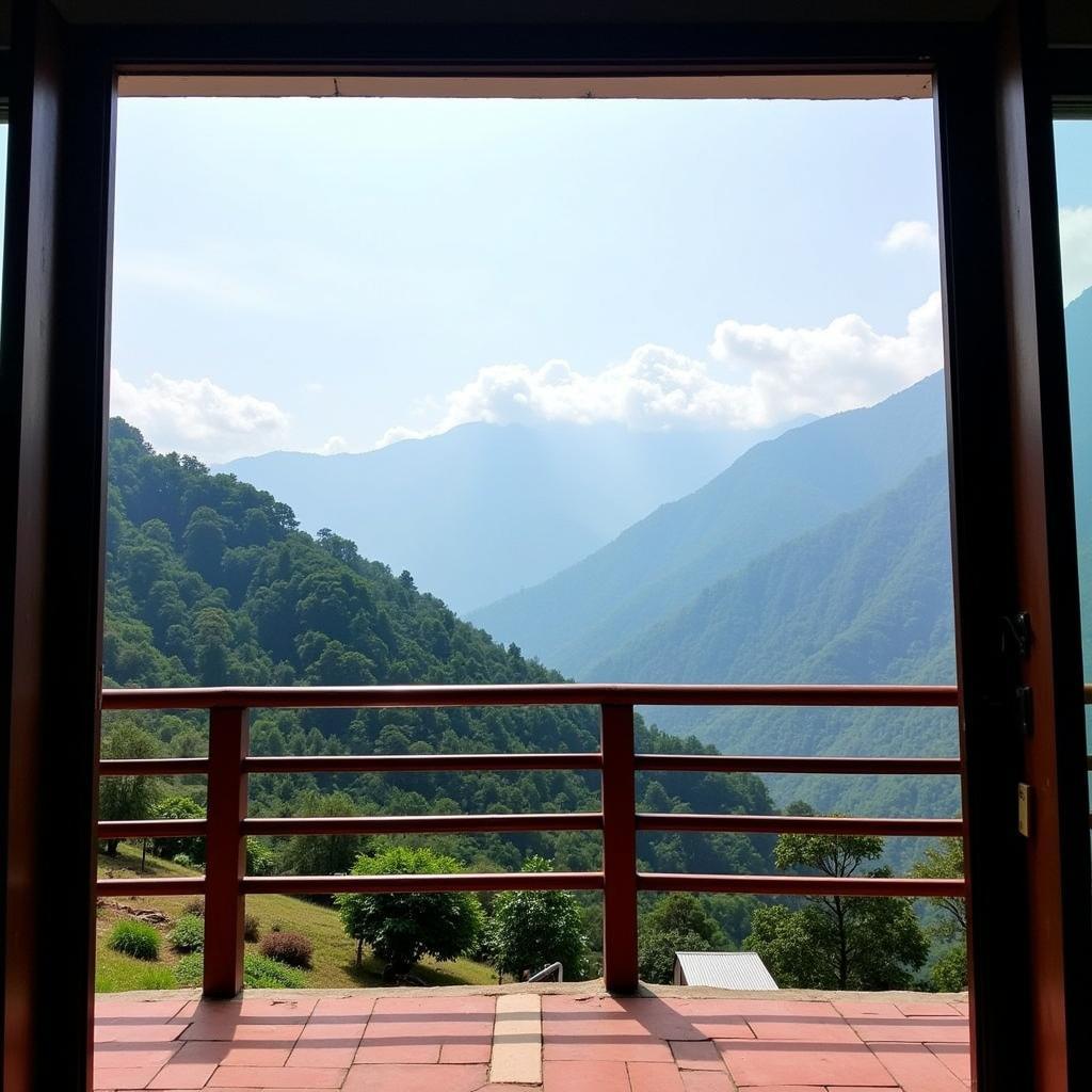 Scenic view of the Himalayan mountains from a Uttarakhand homestay balcony