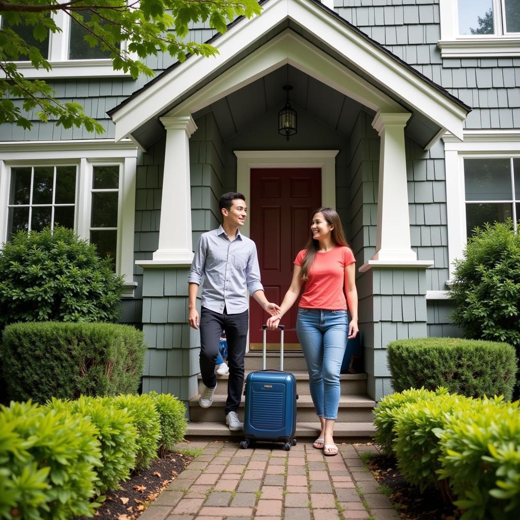 A warm and welcoming Canadian family greeting a homestay student at their front door in Vancouver