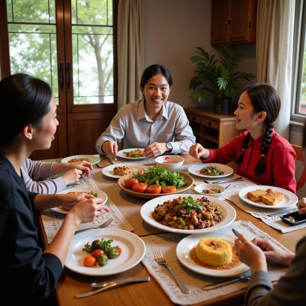 Vietnamese family enjoying dinner with homestay guests