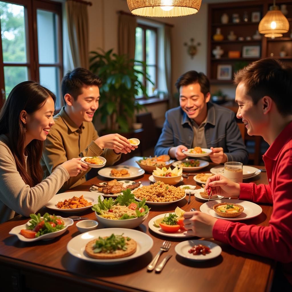 A Vietnamese family enjoying a traditional dinner with their homestay guest.