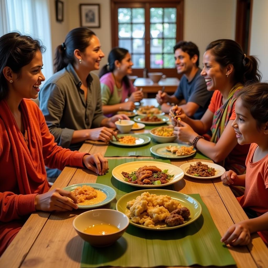 A family enjoying a traditional Kerala meal at their homestay