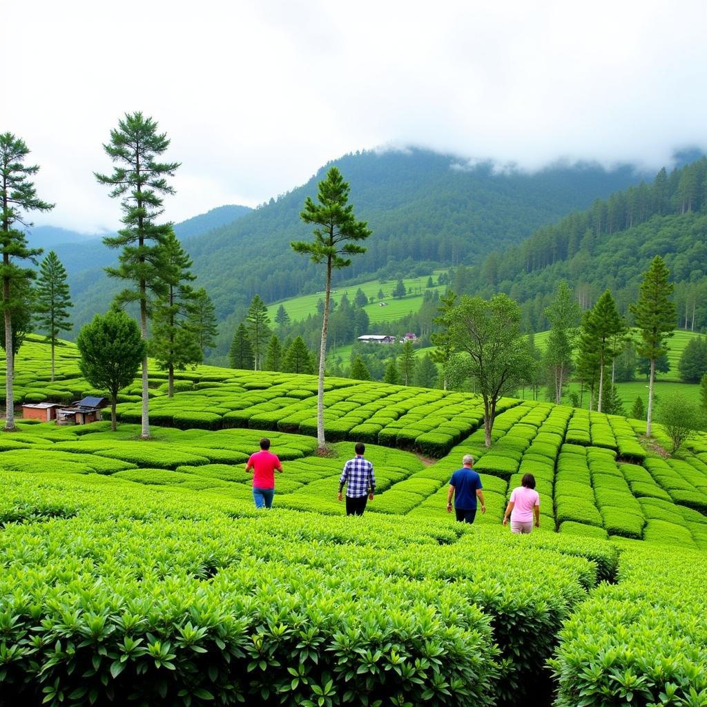 Guests exploring a tea plantation near their homestay