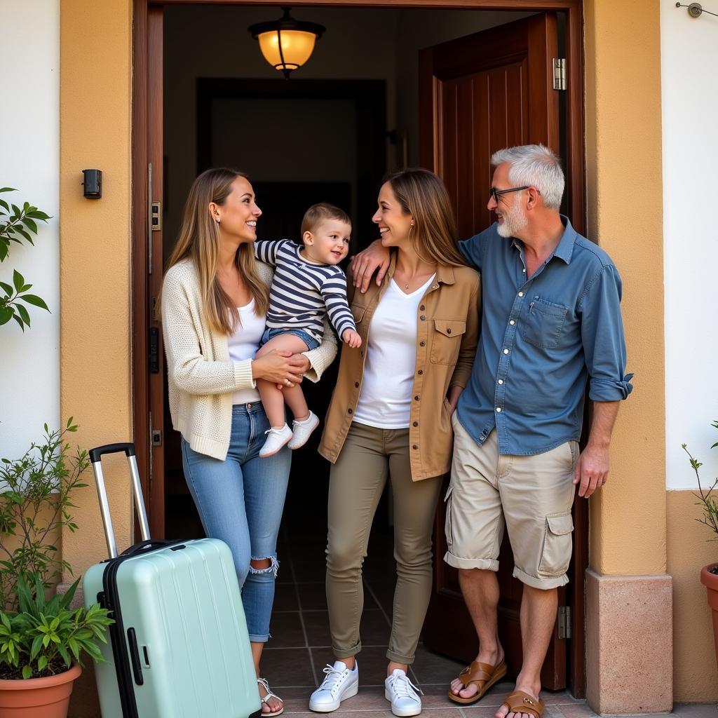 A welcoming Spanish homestay family greets a guest