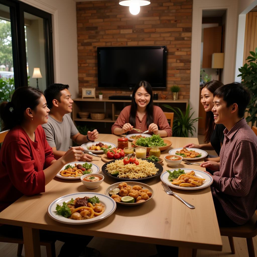 Family enjoying a meal together in a West Jakarta homestay